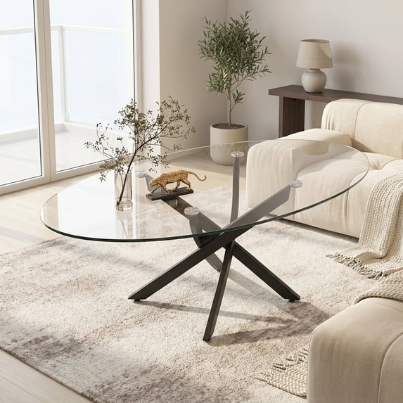 Oval Glass Coffee Table with Black Metal Legs - Modern Living Room Accent Table