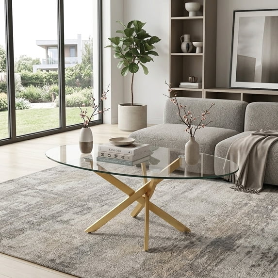 Oval Glass Coffee Table with Gold Legs - Modern Living Room Accent Table