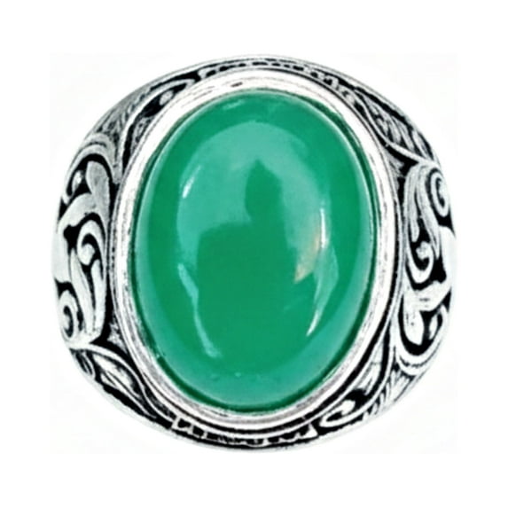 Oval Green Onyx Signet Ring for Men, Handcrafted 925 Silver with Ornate Scrollwork