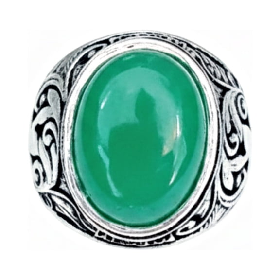 Oval Green Onyx Signet Ring for Men, Handcrafted 925 Silver with Ornate Scrollwork