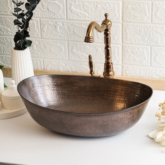 12" Handmade Hammered 100% Solid Dark Copper Bathroom Vessel Sink Bowl – Countertop Basin for Vanity & Powder Room | Eco-Friendly Rustic Copper Sink