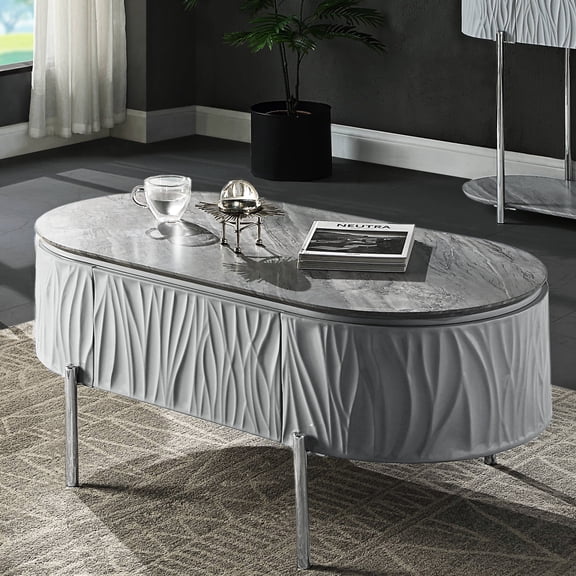 Oval Grey High Gloss Coffee Table With Build And Functional Design For Living Area Extra Storage Versatile Look Room