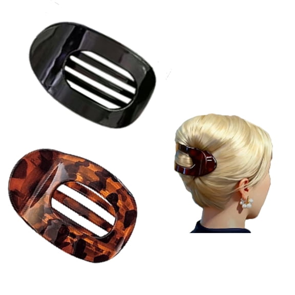 XIANGWENLAN Tortoise Shell Pattern Oval Hair Clips, Black, (2 Pack)