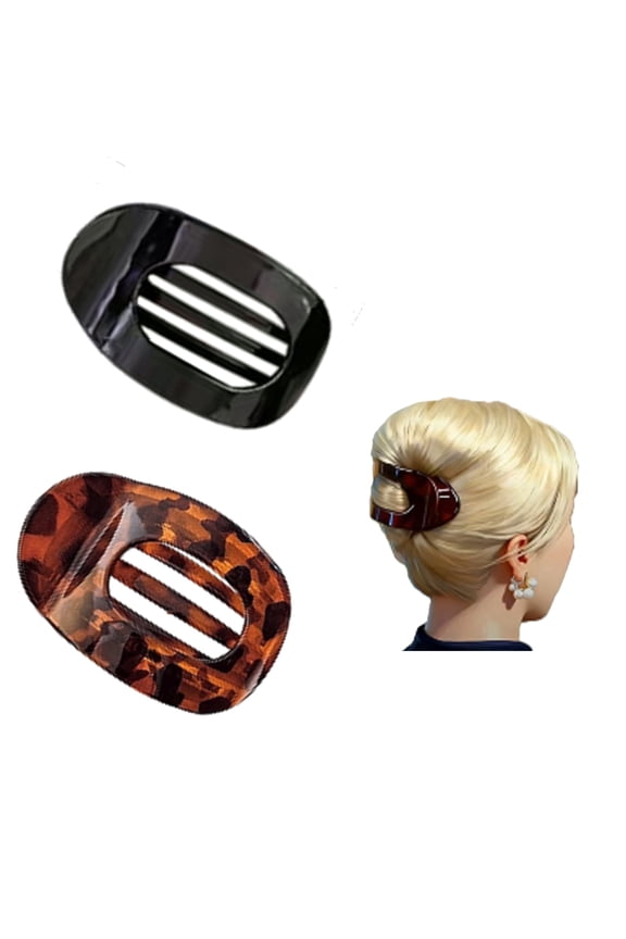 Tortoise Shell Pattern Oval Hair Clips, Black, (2 Pack)