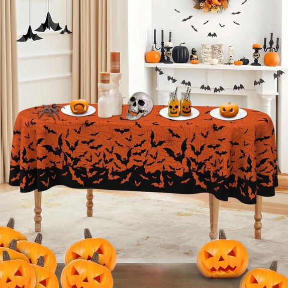 Oval Halloween Tablecloth 54×72 Inch, Halloween Orange Tablecloths Spider Web Washable Table Cover, Spooky Decoration Table Cloths Decor for Party Picnic Dinner