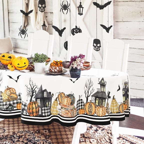 Oval Halloween Tablecloth 54x72 Inch,Horror Pumpkin Castle Skull Oval Tablecloth,Polyester Waterproof Wrinkle-resistant and Durable Tablecloth,Suitable for Halloween,Party,Kitchen and Home Decor