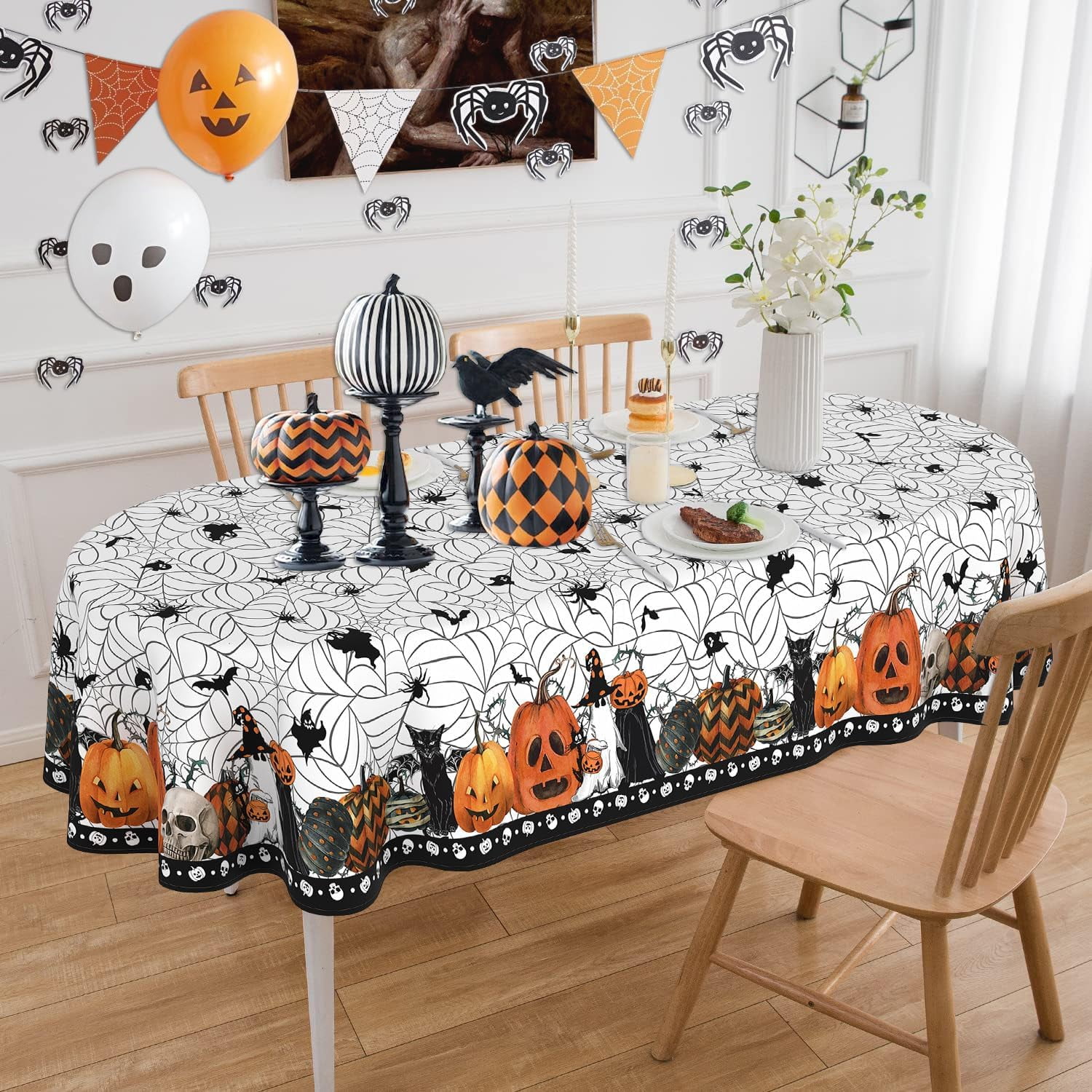 Oval Halloween Tablecloth 60 x 84 Inch, Halloween Spider Web