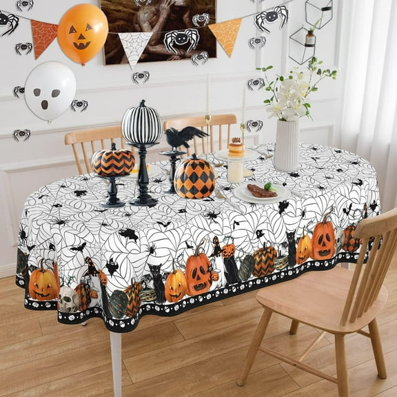 Oval Halloween Tablecloth 60 x 84 Inch, Halloween Spider Web Tablecloth Oval, Halloween Table Cloths Oval, Halloween Oval Table Cloth Decor