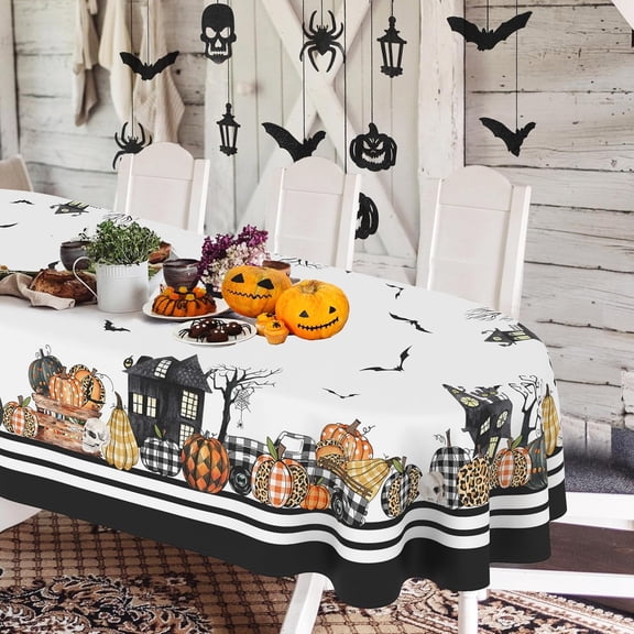Oval Halloween Tablecloth 60x84 Inch,Horror Pumpkin Castle Skull Oval Tablecloth,Polyester Waterproof Wrinkle-resistant and Durable Tablecloth,Suitable for Halloween,Party,Kitchen and Home Decor