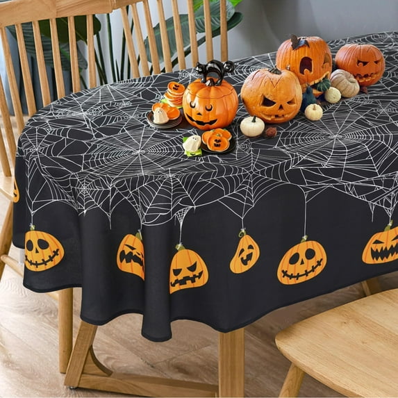 Oval Halloween Tablecloth with Pumpkin Spider Web Bat Design, Waterproof Wrinkle Free Polyester Fabric Table Cover for Parties, Black