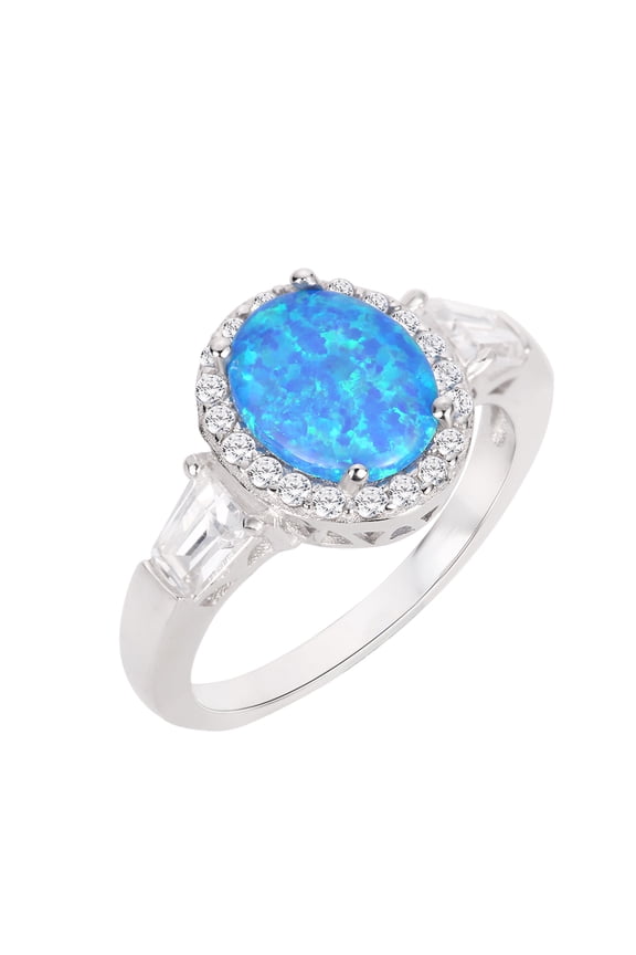Oval Halo Blue Simulated Opal Ring Sterling Silver Size 7