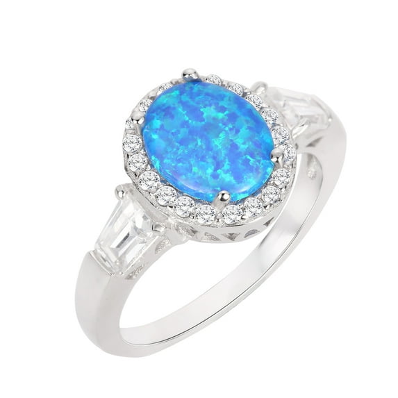 Oval Halo Blue Simulated Opal Ring Sterling Silver Size 7