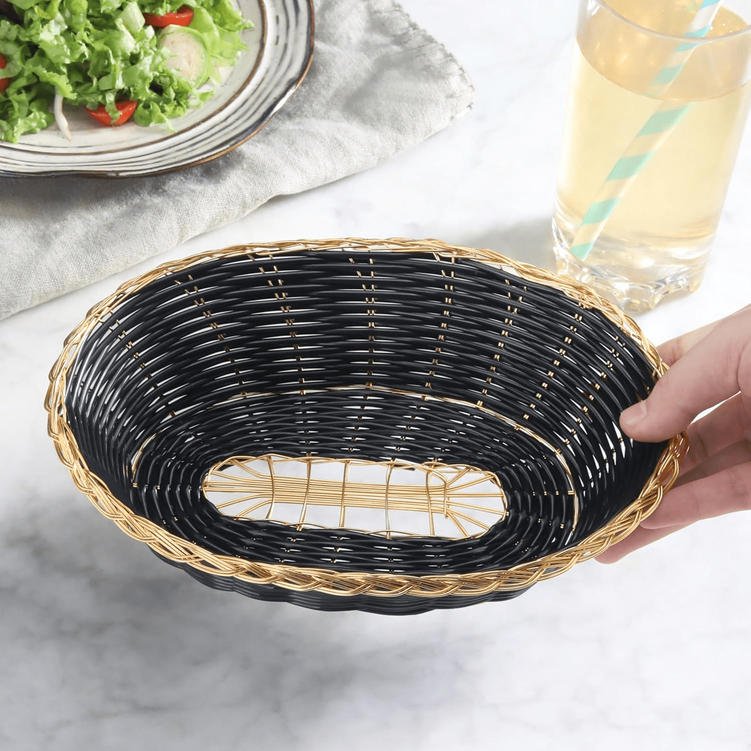 Polypropylene Oval Woven Food Basket (Set of 12), 9" x 6.25 x 2.25", Black with Golden Trim