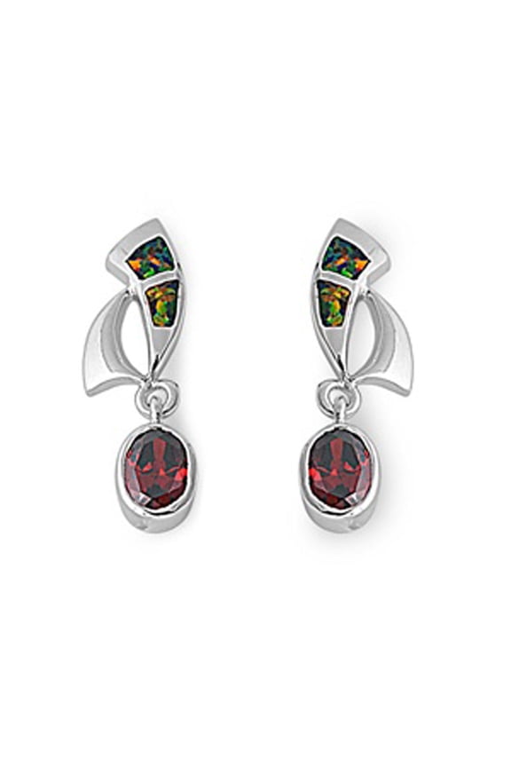 Oval Hanging Earrings Simulated Garnet Mystic Simulated Opal .925 Sterling Silver Jewelry Female