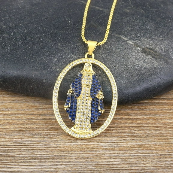 Oval Hollow Out Virgin Mary Pendant 5 Colors 14K Yellow Gold Zirconia Western-style Necklace Religious Pray Jewelry Gift