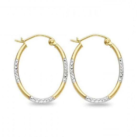 Oval Hoop Earrings Solid 14k Yellow White Gold Diamond Cut French Lock Genuine Two Tone 20 x 1.5 mm