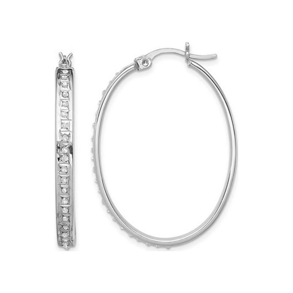 Oval Hoop Earrings in Sterling Silver with Diamonds Accents (1 1/2 Inch)