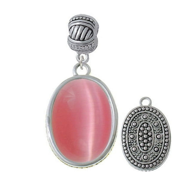 Oval - Imitation Cat's Eye - Pink - Large Rope with Cross Beads Charm Bead
