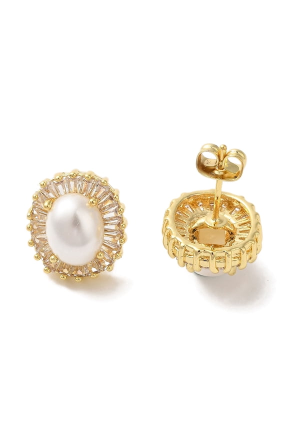 Oval Imitation Pearl Studs Earrings Rack Plating Brass Cubic Zirconia for Women Long-Lasting Plated Lead Free Cadmium Free