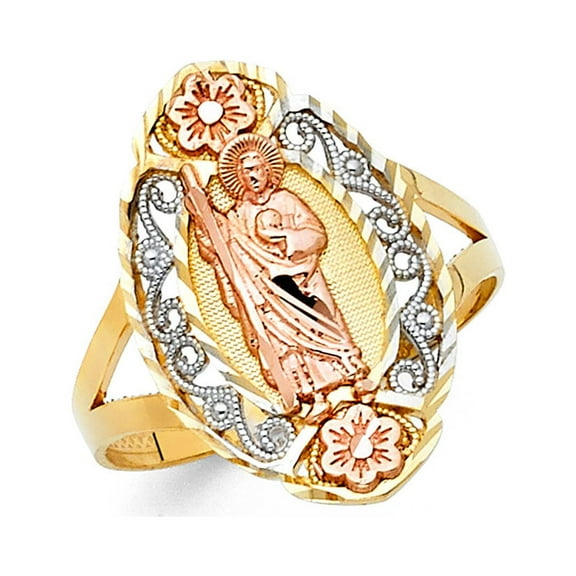 Oval Jesus Flower Ring Solid 14k Yellow White Rose Gold Christ Stamp Band Fancy Tri Color 22MM Size 7