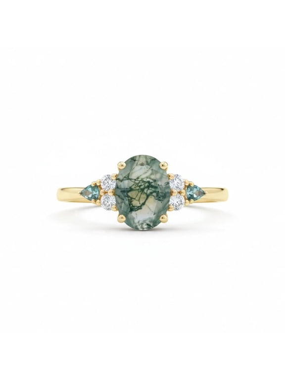 Oval & Kite Shape Moss Agate Engagement Ring, Diamond Stackable Wedding Ring, Nature Inspired Anniversary Gift Minimalist Promise Band Daily Wear Ring