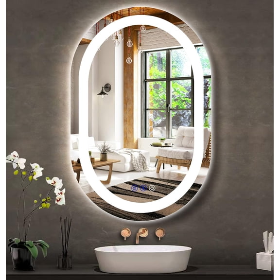 Oval LED Bathroom 32" x 20" Mirror with Front Lights Anti-Fog Wall Memory 3 Color Adjustable Brightness Oval Lighted Vanity Mirror for Bathroom Smart Horizontal Vertical Mounted