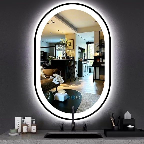 Oval LED Bathroom Mirror 20x32 Inch, Black Beveled Metal Frame, Frontlit & Backlit Bathroom Mirror with 3 Color Tempurature, Dimmable Lighted Mirrors for Wall with Anti-Fog