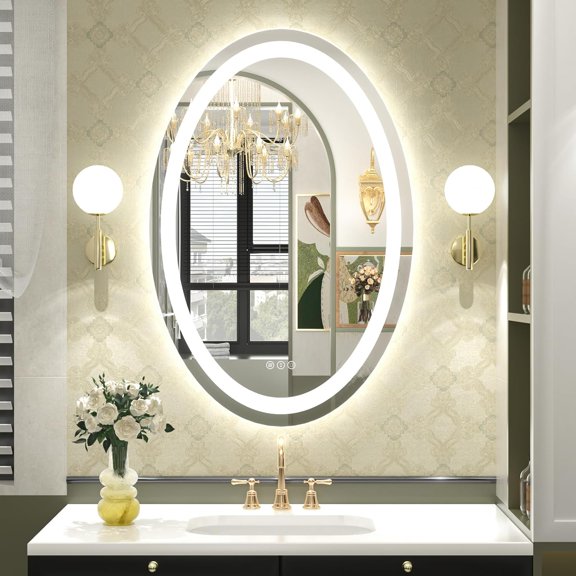 Oval LED Bathroom Mirror 24x36, Lighted with Lights, Vanity Mirror, Anti-Fog, Shatter-Proof, Dimmable, Memory, 3 Colors (Front Lights + Backlit)