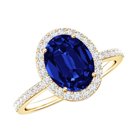 Oval Lab Created Blue Sapphire Ring with Diamond Halo - AAAA Grade, 10K Yellow Gold, US 4.50