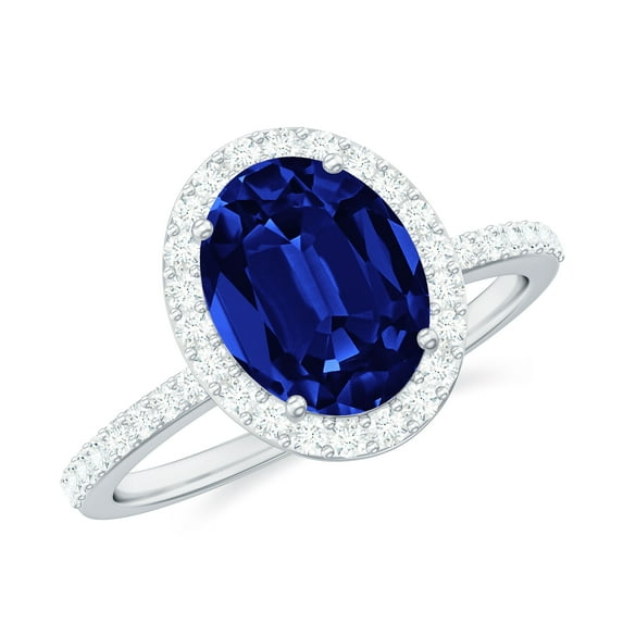 Rosec Jewels Oval Lab Created Blue Sapphire Ring with Diamond Halo - AAAA Grade, 18K White Gold, US 4.50