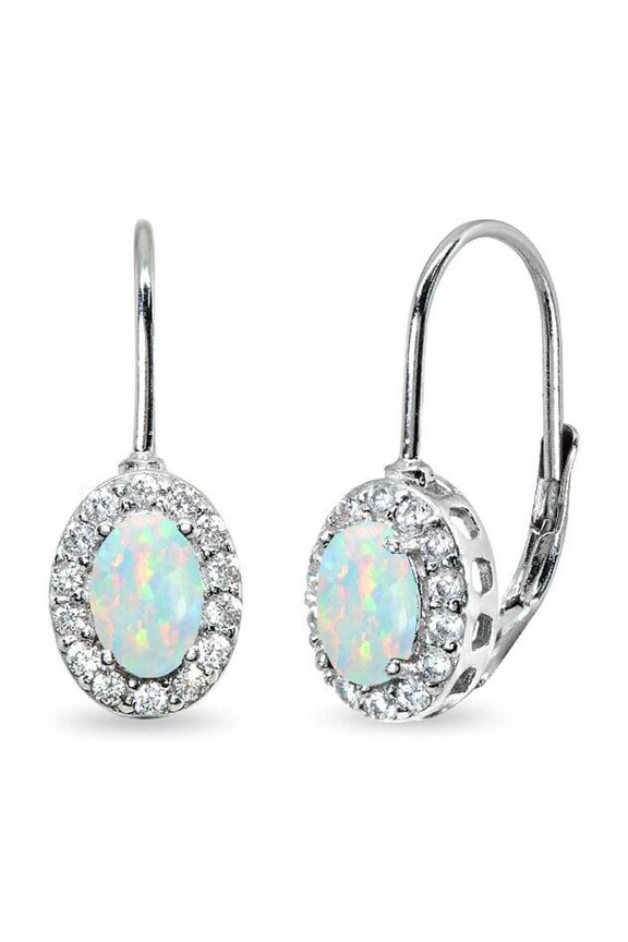 Oval Lab Created White Opal & Diamond Halo 925 Silver Leverback Earrings