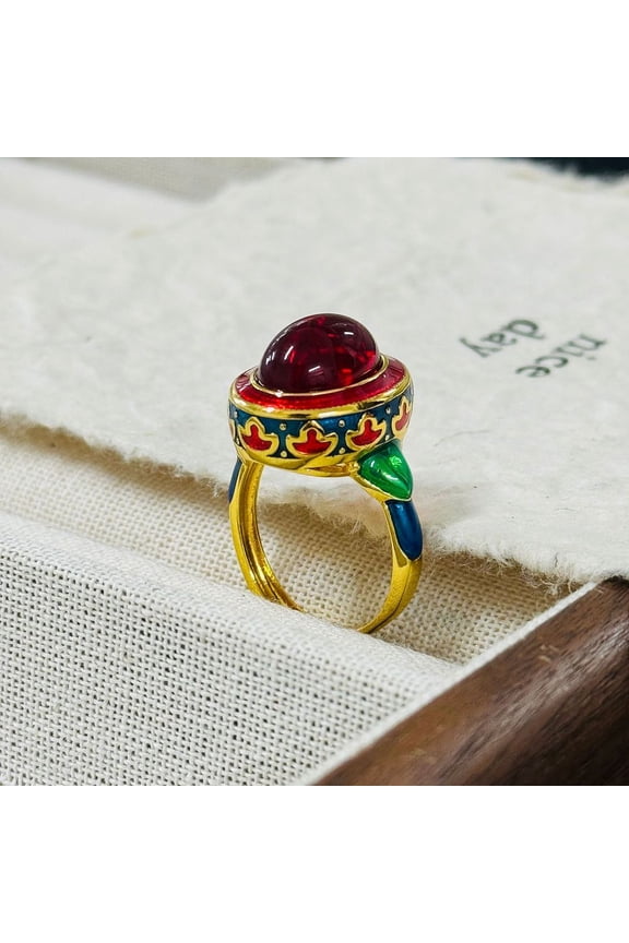 Oval Lab Grown Red Corundum Rings Brass Enamel Adjustable Rings for Women Inner Diameter: 17~19mm diy