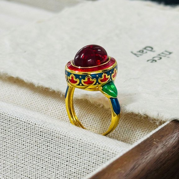 Oval Lab Grown Red Corundum Rings Brass Enamel Adjustable Rings for Women Inner Diameter: 17~19mm