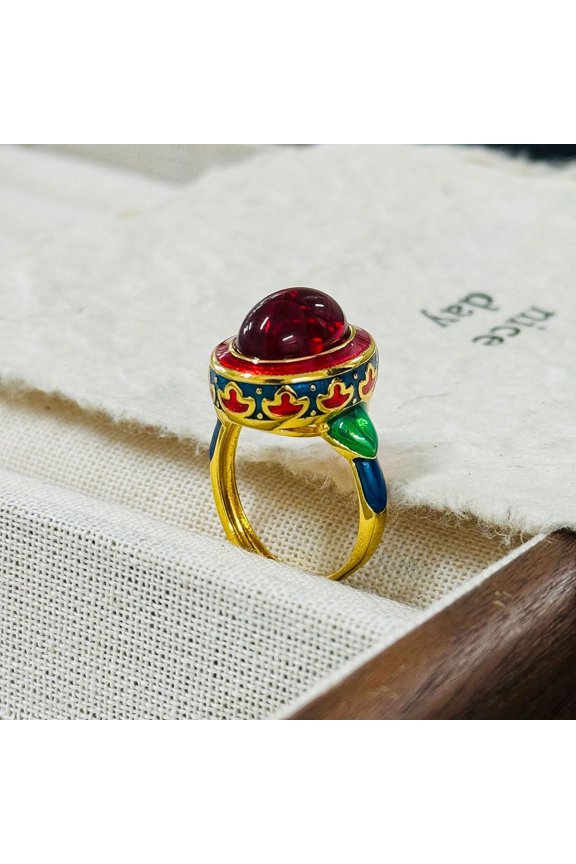 Oval Lab Grown Red Corundum Rings Brass Enamel Adjustable Rings for Women Inner Diameter: 17~19mm
