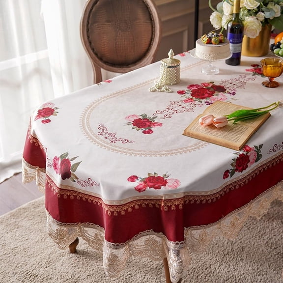 Oval Lace Table Cloth Waterproof Farmhouse Cover Classic Country Rose Fldecor Tablecloth With Embroideryrame For Home Holiday Party Dining Table(burgundy 102"x60")