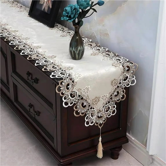 Oval Lace Table Runner Dining Table Runner Anti-dust Embroidered TV Cabinet Tablecloth with Tassel Pendant Table Flag Home Decor