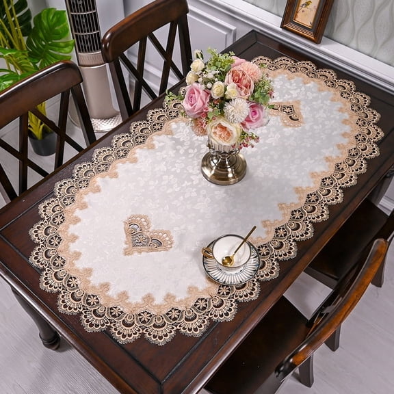 Oval Lace Table Runner, Vintage Crochet Lace Butterfly Embroidered Table Topper Doily, Jacquard Dresser Scarf for Dining Coffee Table Home Wedding Decor