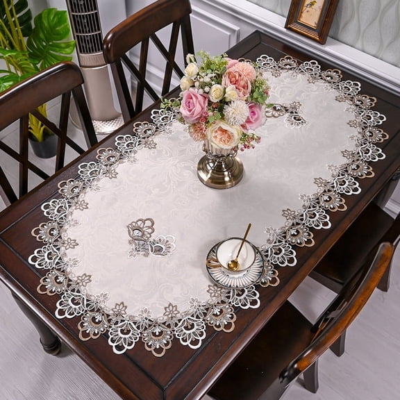 Oval Lace Table Runner, Vintage Crochet Lace Butterfly Embroidered Table Topper Doily, Jacquard Dresser Scarf for Dining Coffee Table Home Wedding Decor