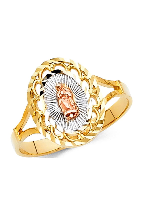 Oval Lady Guadalupe Ring 14k Yellow White Rose Gold Virgin Mary Diamond Cut Band Solid 15MM, Size 9