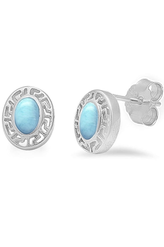 Oval Larimar Center Geek Design Stud Earrings Sterling Silver