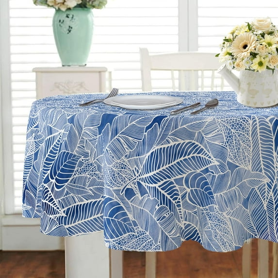 Oval Leaf Tablecloth 54x72 inches,Oval Blue and White Tablecloth 54x72inch, Blue Leaf Country Tablecloth Classic French Modern Country Farmhouse Decoration,
