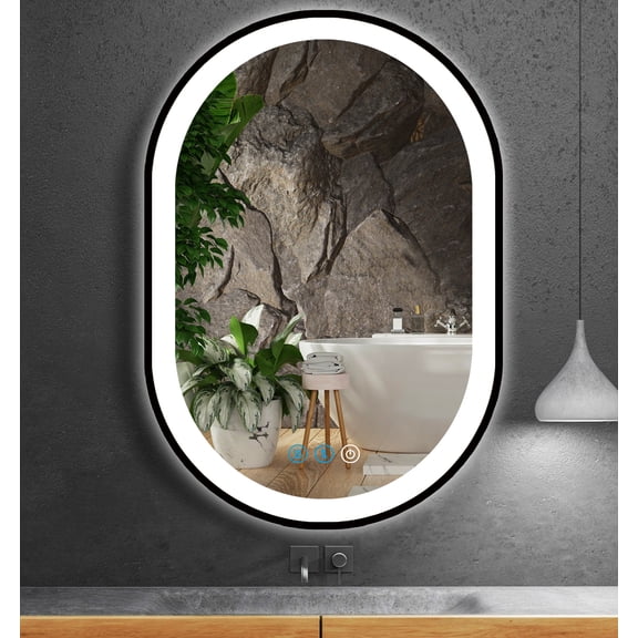 Oval Led Lighted Bathroom Mirror Matte Black Frame 20" x 32" Front and Backlit Oval Light up Vanity Mirror with Lights, 3 Color Illuminated Dimmable Anti Fog Wall Mount