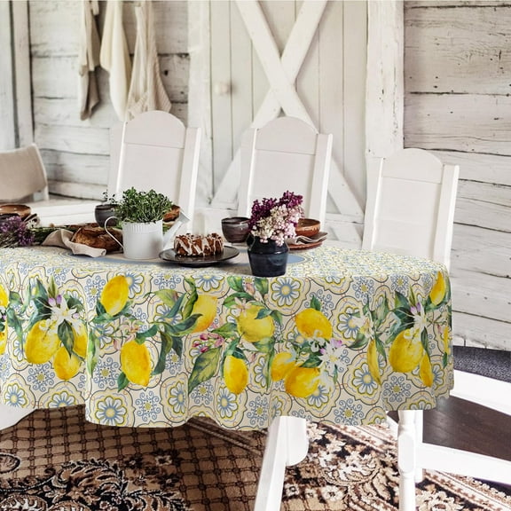 Oval Lemon Tablecloth 60x84inch, French Lemon Country Farmhouse Spring Summer Waterproof Wrinkle Resistant Washable Tablecloth for Indoor and Outdoor, Holiday Kitchen Restaurant and Party