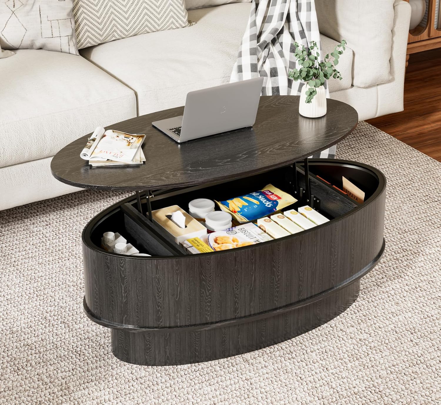 Oval Lift Top Coffee Table with Hidden Storage, 41 Inch Small Coffee ...