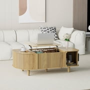 Oval Lift Top Coffee Table, Modern Center Table with Hidden Compartment, Coffee Tables with Sliding Door for Living Room Office