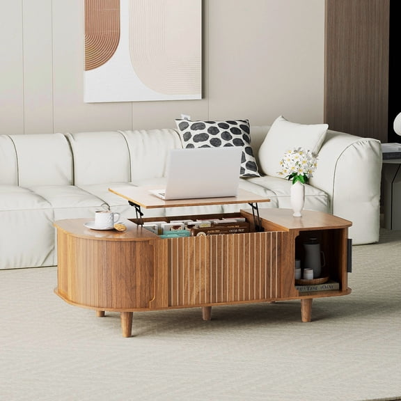 Oval Lift Top Coffee Table, Modern Center Table with Hidden Compartment, Coffee Tables with Sliding Door for Living Room Office