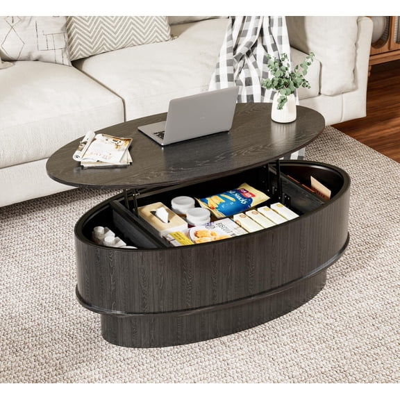JEJEGORICH Oval Lift Top Coffee Table with Hidden Storage, 41 in Wooden Mid Century Modern Living Room Center Table, Black