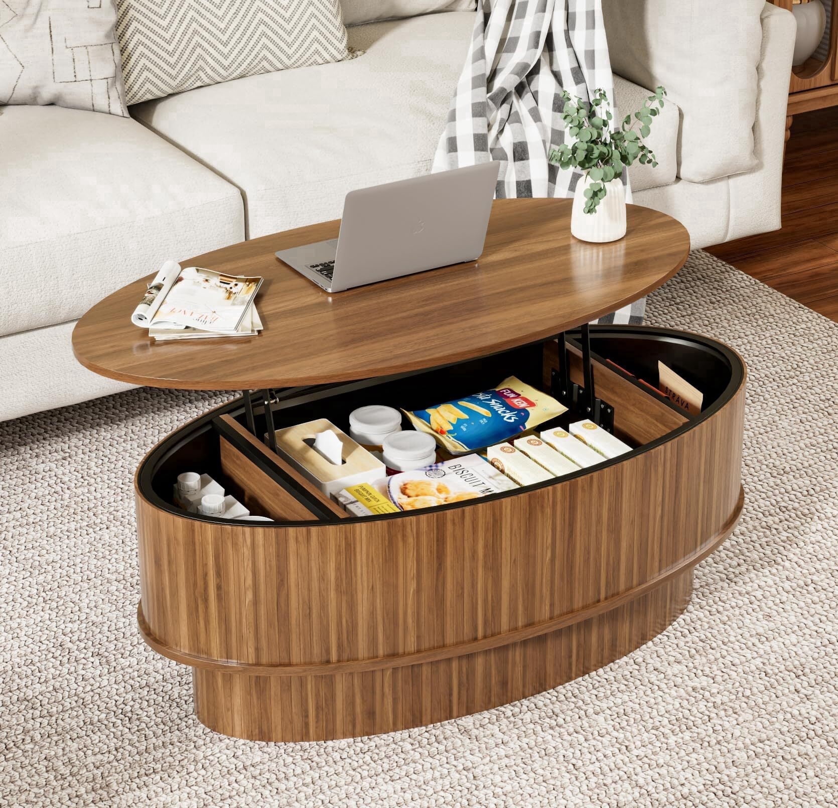 JEJEGORICH Oval Lift Top Coffee Table with Hidden Storage, 41 in Wooden Mid Century Modern Living Room Center Table, Walnut