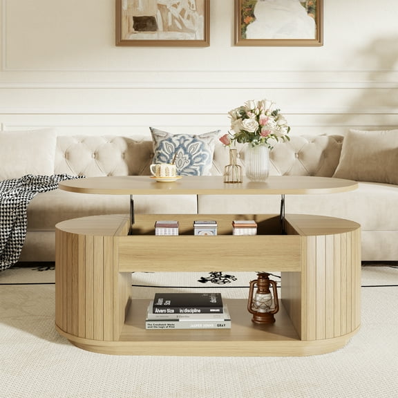 Oval Lift-Top Modern Coffee Table with Hidden Storage Compartment, 43 Inches Wooden Center Farmhouse Coffee Tables with Lifting Tabletop for Living Room & Small Spaces, Light Oak Brown