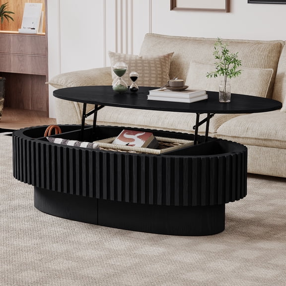 Oval Lift-Top Wooden Coffee Table, Lift Top Design with Hidden Inner Storage, Multi Purpose Tea & Dining Table for Home Lounge Cafe, Black